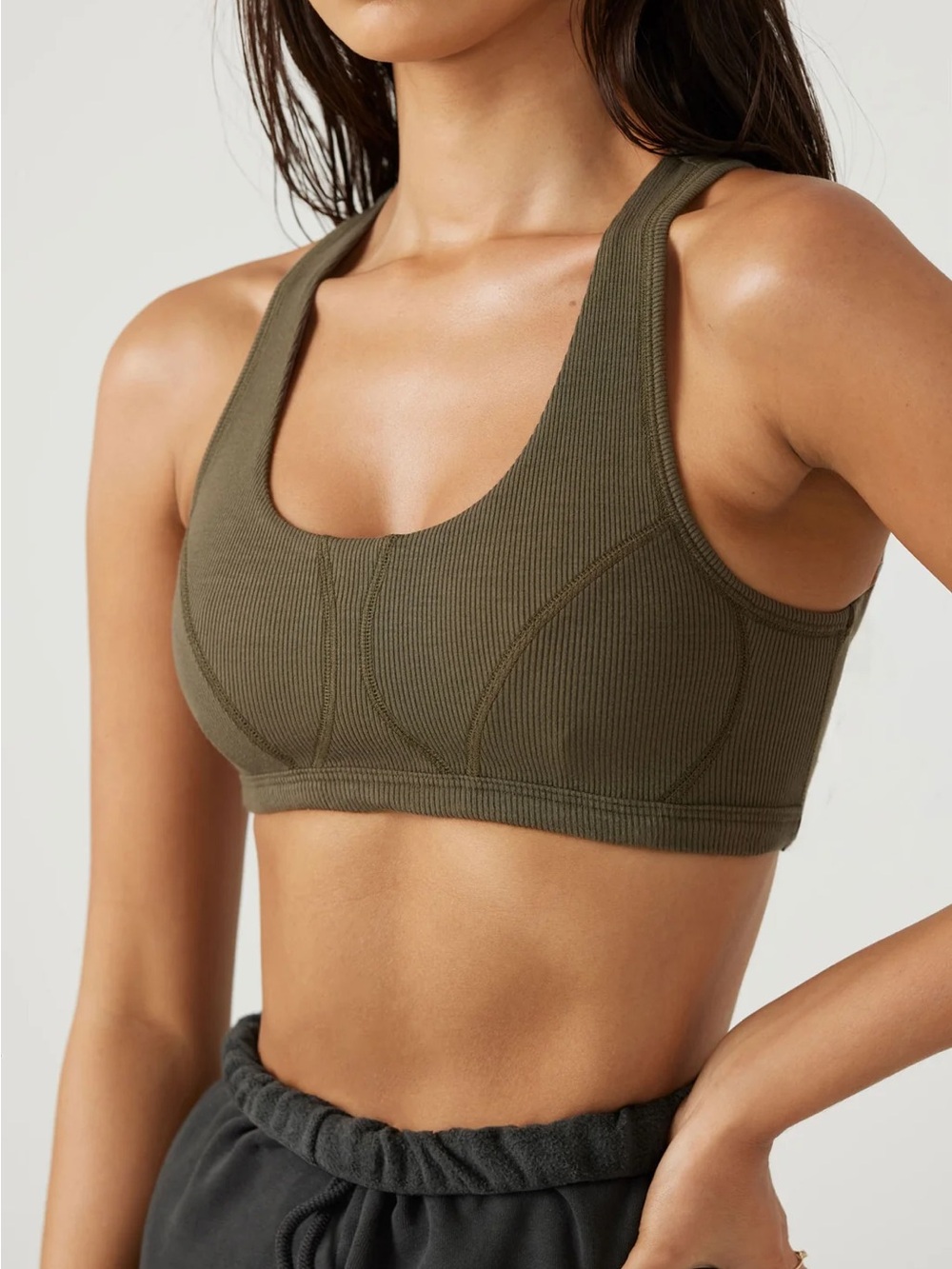 Joah Brown Stitch Bra Ribbed Sports Bralette - Olive